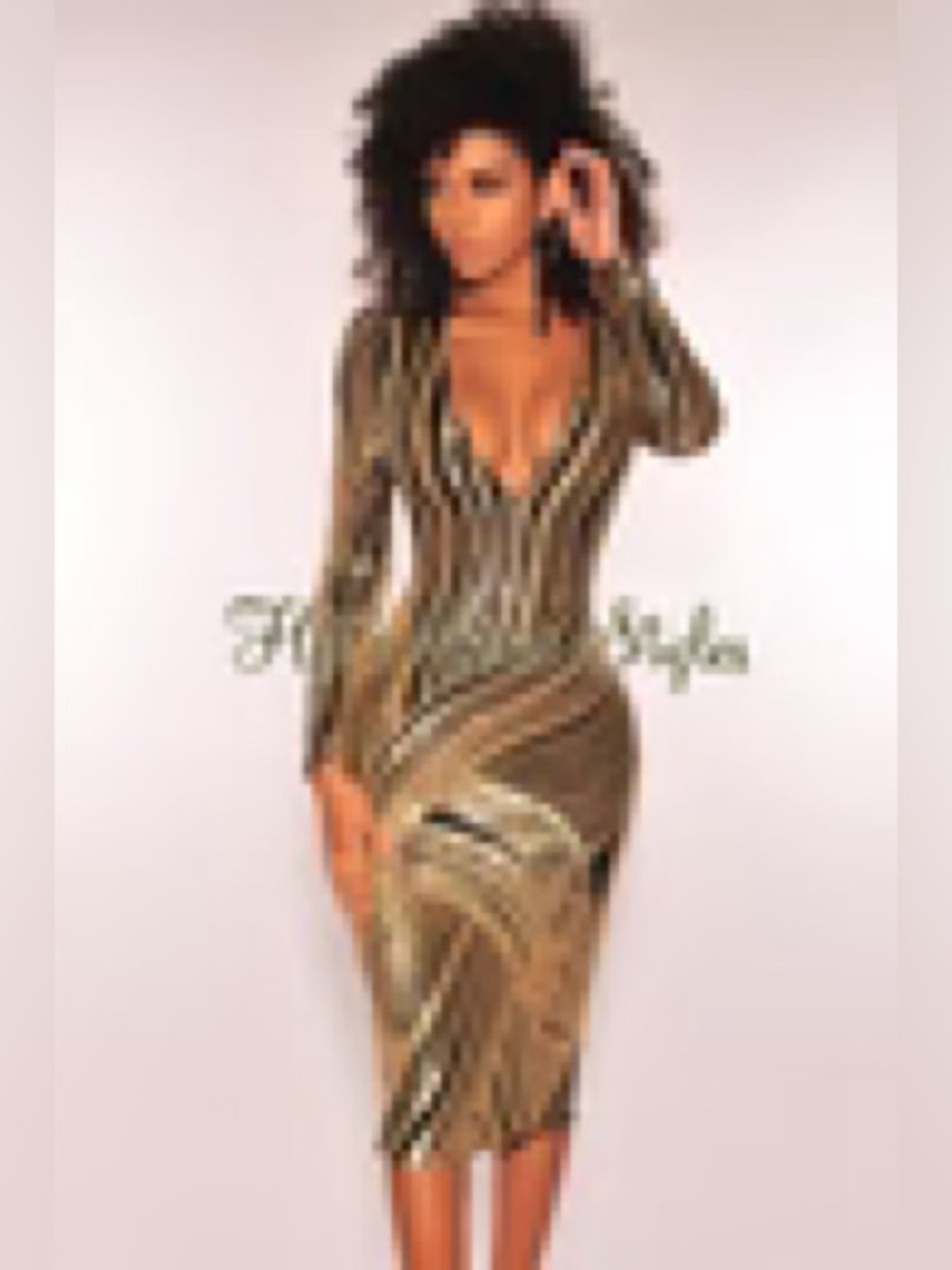 HOT MIAMI STYLES Metallic Gold & Black Plunge Midi Dress Gatsby